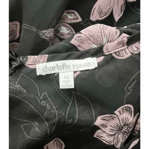 Black Pink Floral Chiffon Romper Size XS Short Lined Elastic Waist Button Front - Picture 8 of 11